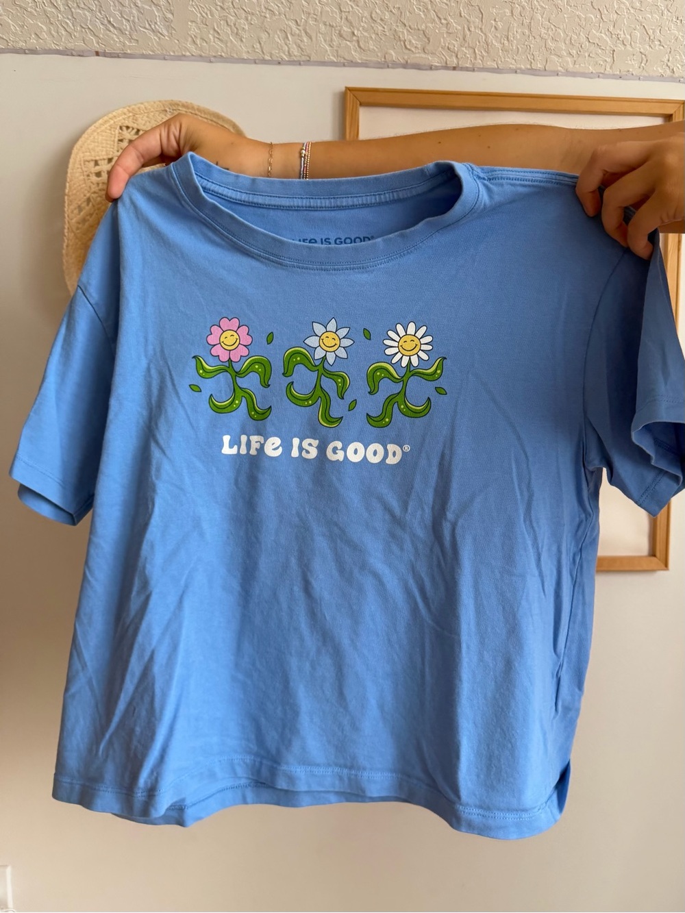 Life Is Good Blue Tee with Smiling Flower Trio